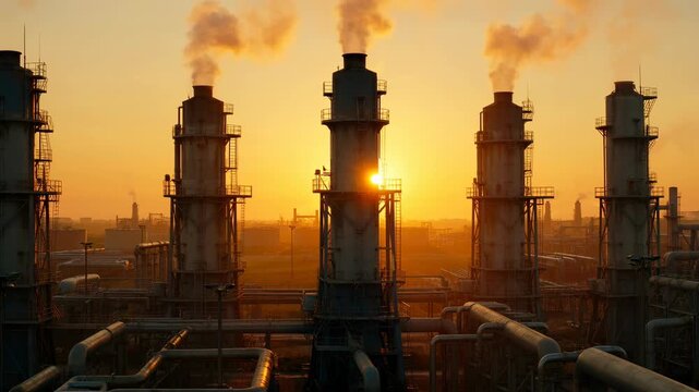 Industrial oil and gas refinery plant with smoking chimneys at sunrise