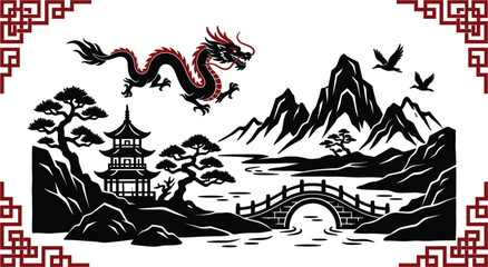 Fototapeta premium Traditional Chinese Oriental Landscape Vector Illustration with Flying Imperial Dragon Pagoda Temple Arched Bridge Mountains and Red Corner Border Ornaments