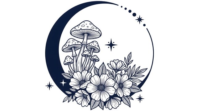 Mystical crescent moon with mushrooms and wildflowers line art illustration