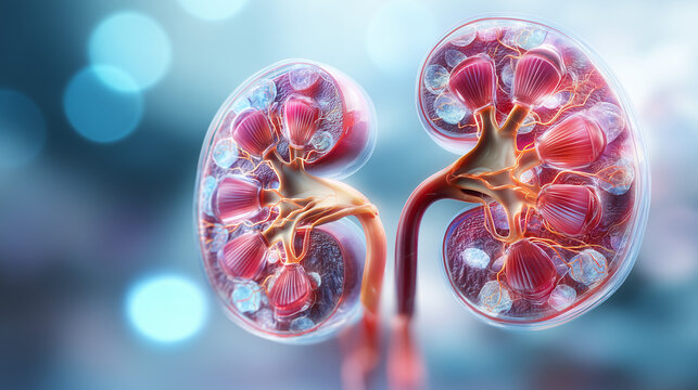 Detailed medical illustration of human kidneys showing internal anatomy and filtration structures. Renal health, nephrology, urinary system, and kidney disease awareness concept.
