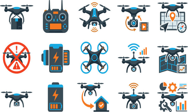 Drone icons set for quadcopter delivery remote controller camera recording map navigation flight ban battery charging vector illustration collection