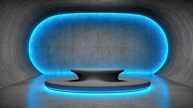 Modern concrete display platform illuminated with vibrant blue ambient light creates a futuristic stage