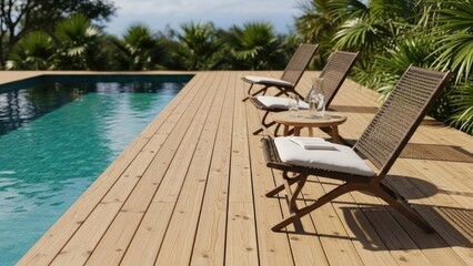 Fototapeta premium Luxury outdoor swimming pool with wooden deck and chairs.