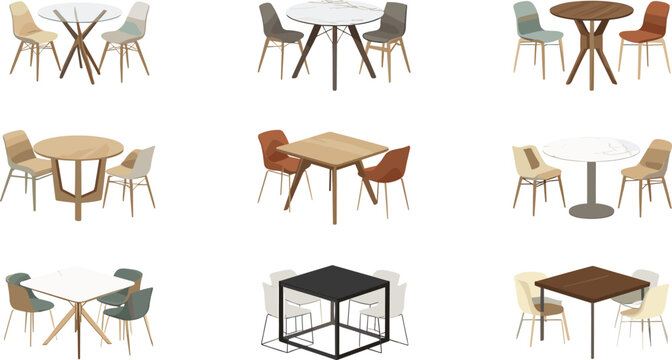 Modern Dining Table and Chair Set Collection with Nine Different Styles for Restaurant, Cafe, and Home Interior Vector Design