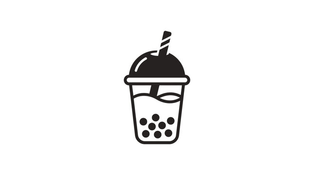 Boba tea cup with straw and tapioca pearls black and white line art icon