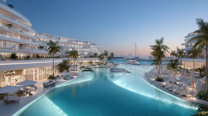 Obraz premium Luxurious Waterfront Resort with Illuminated Pools and Palm Trees at Dusk.