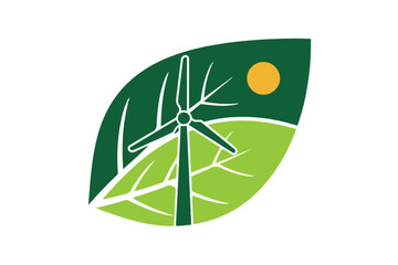 Obraz premium Vector graphic of a wind turbine on a green leaf with a sun symbolizing renewable energy and sustainability