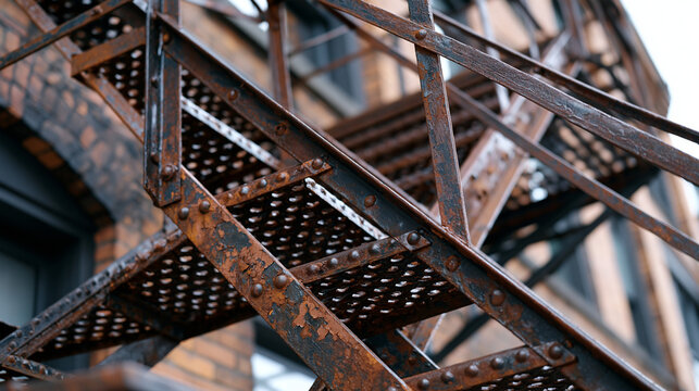 Cast iron fire escape staircase grid pattern against brick facade, riveted angle-iron stringers and perforated tread plate, bolted wall anchor brackets repeating up elevation, paint flaking to expos