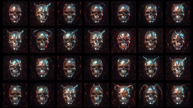 Grid of horned techno skulls in warm tones, demonic seamless vj loop for hard techno and industrial music visuals