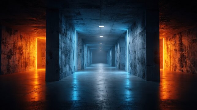 Dim concrete corridor featuring contrasting neon light streams creating dramatic visual depth