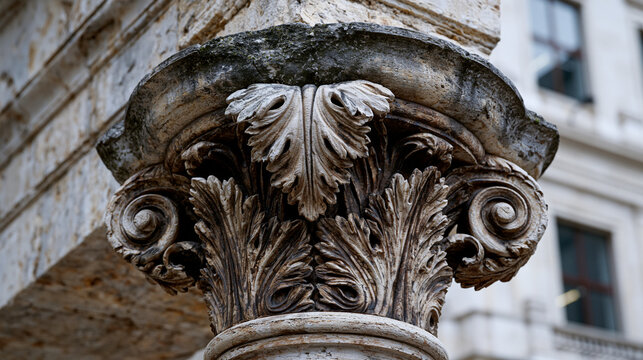 Column capital Corinthian carved limestone close detail, acanthus leaf volutes undercutting deep into stone, abacus moulding above echinus, centuries of atmospheric soiling darkening concave recesse