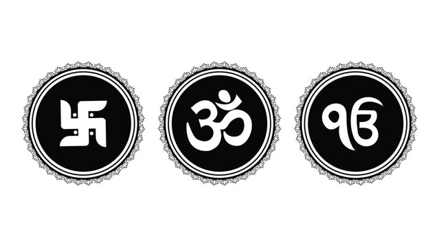 Religious symbols vector icon set including Swastika, Om, and Ek Onkar