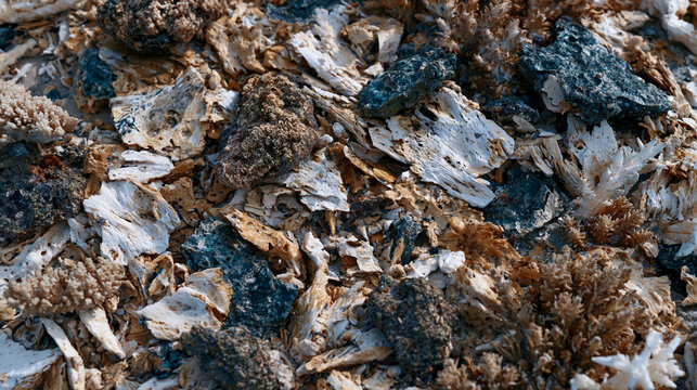 Coral rubble field extending across reef flat following storm disturbance event, fragmented porites and acropora skeleton debris overlapping in chaotic mosaic, bleached calcium carbonate architectur
