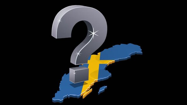 Swedish political crisis, economic uncertainty or national question concept. Animated loopable question mark on Sweden map. Chroma key green screen with alpha channel.