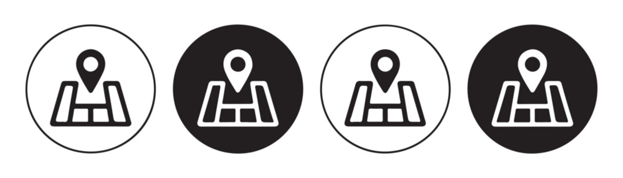Folded map icon with location pin marker inside circle frames set on transparent background vector.