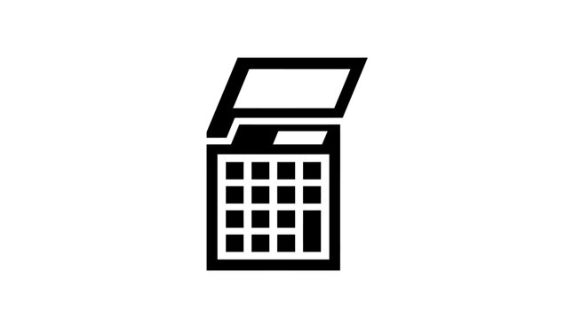 Simple line art illustration of an open notebook or digital tablet with grid display