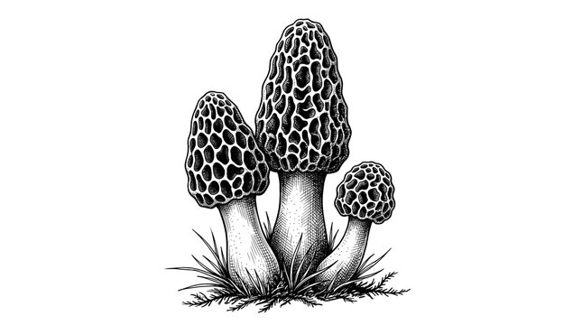 Three morel mushrooms in a detailed black and white vintage botanical engraving style illustration
