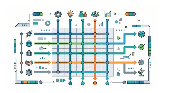 Abstract matrix structure business flow chart infographic utilizing clean intersecting grids on a white background
