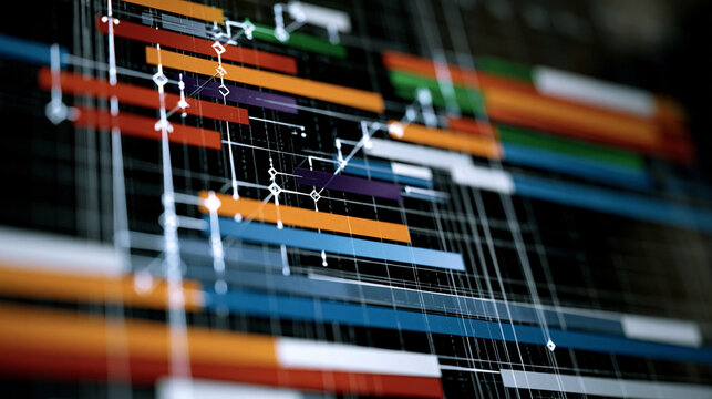 Gantt project timeline chart rendered in minimal architectural drafting style, horizontal task bars aligned to temporal axis, milestone diamond markers punctuating critical path junctions, project m