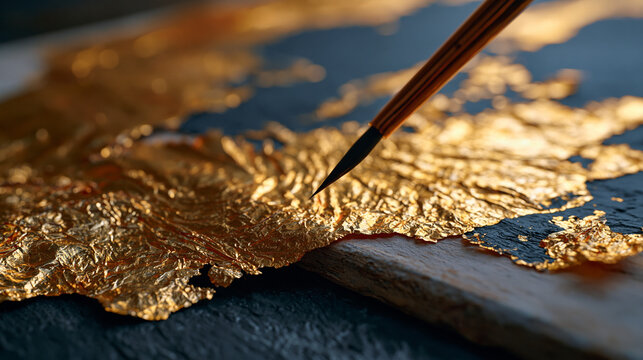 Genuine 23-karat gold leaf sheet draped mid-application across gessoed wooden panel, gilder's tip brush nearby, irregular torn leaf edge catching specular highlights against matte bole ground in con