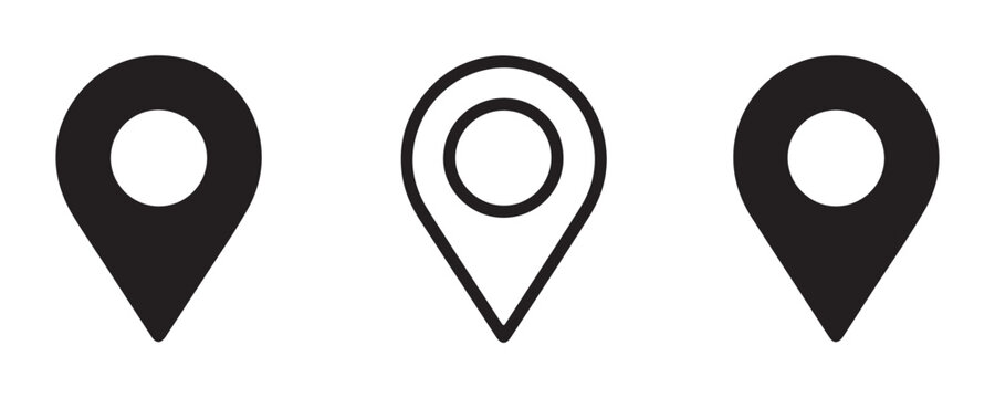 Set of black map location pointer icons one with outline and two solid for web applications.
