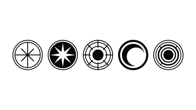 Black and white circular with geometric patterns and radial lines circle triangle