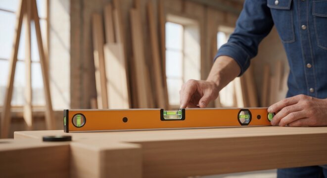 Carpenter using a level on wood in a workshop, checking alignment