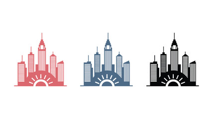 Obraz premium Red blue and black skyline silhouettes with geometric shapes and city buildings tower