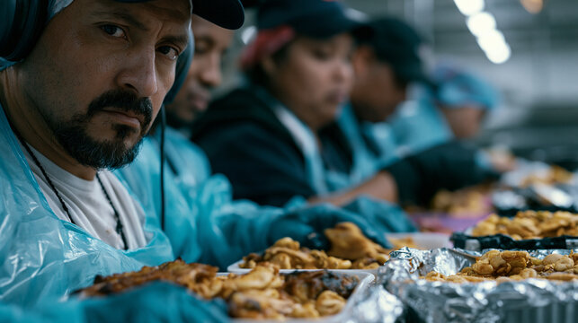 Industrial meatpacking plant floor where a group of Somali and Guatemalan workers share a break area lunch in parallel silence, each with their own food from home in mismatched containers, multicult