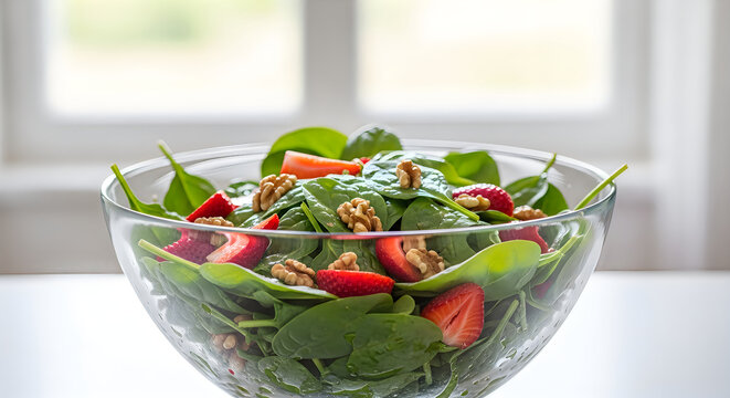 Fresh strawberry spinach salad with walnuts in glass bowl