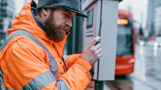 Closeup of technician inspecting 5G smart poles edge compute system near bus stop reflective jacket highlighted against soft focus urban backdrop with passing tram and damp