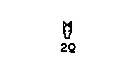Fototapeta premium Minimalist black line icon of a stylized wolf or dog head with '2Q' text, modern vector graphic design element on white background.