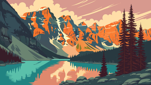 A serene mountain landscape with trees standing by a calm lake at sunrise