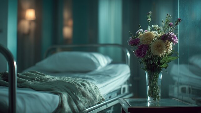 Empty hospital bed and bouquet on bedside table suggesting recent death and wrongful death accident claim scenario.