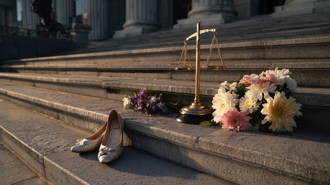 Empty shoe, bouquet, and memorial cross on stone steps symbolizing wrongful death and lost life.