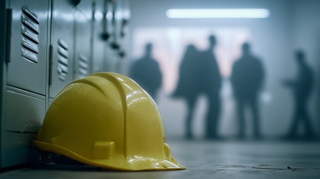 Yellow hardhat by locker with blurred worker silhouettes suggesting workplace fatality and wrongful death loss.