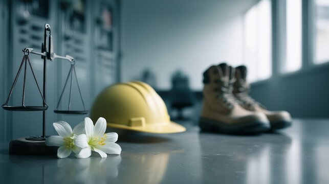 Scale of justice, safety helmet and boot on table symbolizing wrongful death loss and workplace fatality with mourning flower.