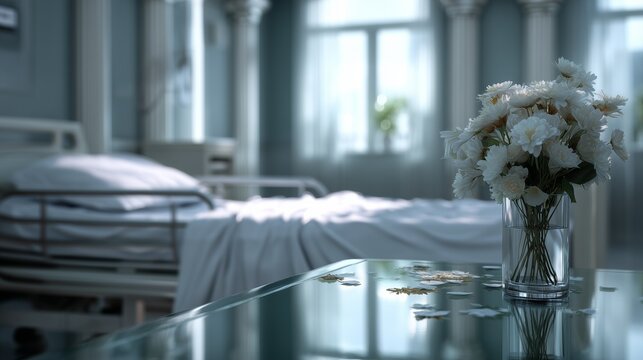 Hospital room with empty bed and bouquet on table symbolizing wrongful death accident claim and bereavement after fatal injury.