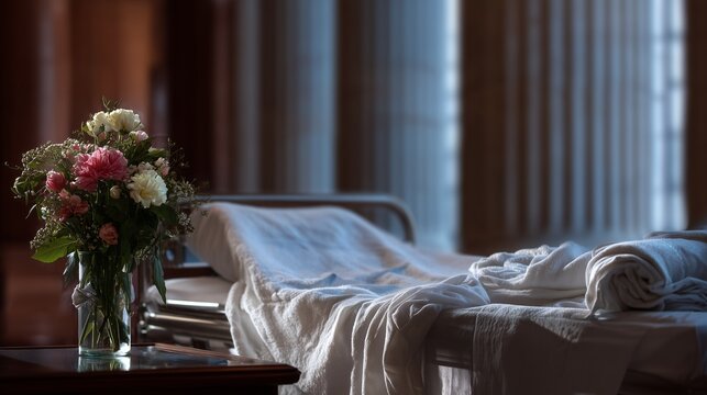 Funeral setting with casket draped in cloth, floral arrangement on table, and columned interior suggesting wrongful death accident claim and loss.