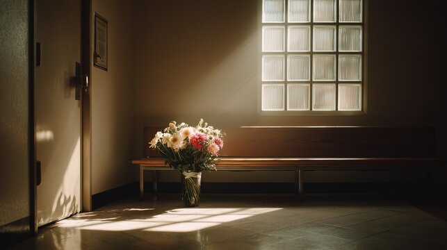 Empty funeral chapel bench with bouquet near sunlight through window symbolizing wrongful death accident claim and mourning aftermath.