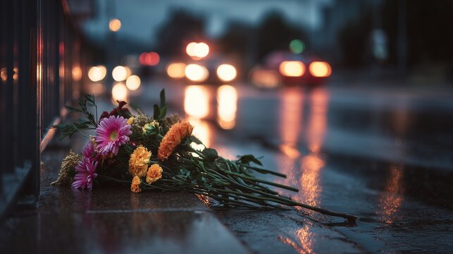 Bouquet left on wet roadside at night symbolizing wrongful death accident claim and memorial after fatal crash.
