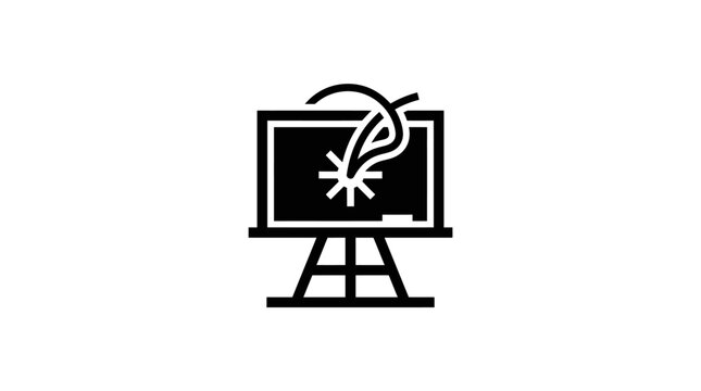Broken screen on stand with shattered glass graphic in black and white icon style