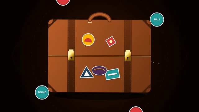Vintage Travel Suitcase Animation with Orbiting World Destination Icons for Travel Agency Presentation Background and Tourism Motion Design Video
