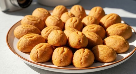 Fototapeta premium Golden, dome-shaped baked treats arranged on a simple white plate