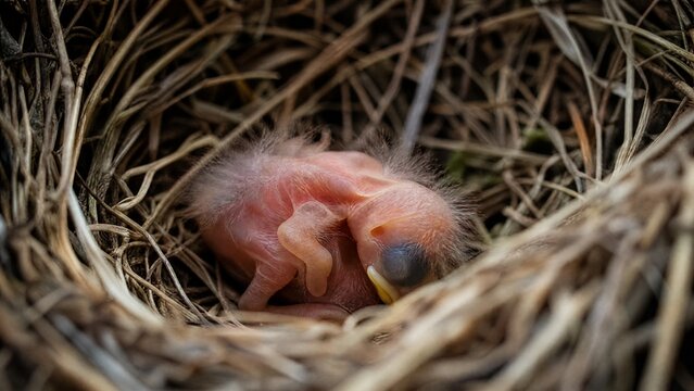 A featherless newborn hatchling curled in an empty nest, soft natural light.