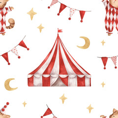 Circus. Watercolor hand-drawn seamless pattern with vintage circus tent, cat in clown costume, flags, star and moon. Cute drawings print for kids. For design baby shower, birthday and nursery. © Nellya Egorova