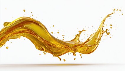 Fototapeta premium Golden Liquid Splatter: A dynamic splash of golden liquid, resembling motor oil or honey, creates an elegant wave with droplets scattering against a clean backdrop.