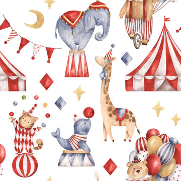 Circus. Watercolor hand-drawn seamless pattern with vintage circus tent, animals, garland and flags. Cute drawings print for kids. For design baby shower, birthday and nursery.