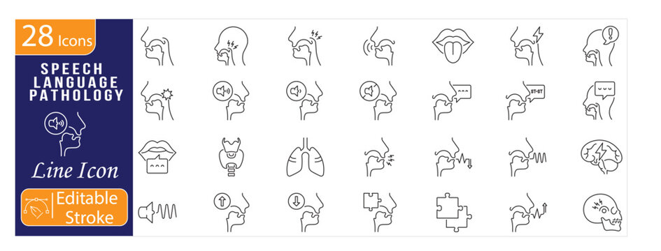 Speech Language Pathology icons set. Includes speech therapy, communication skills, language development, pronunciation, hearing support, and rehabilitation symbols. Editable stroke. Line icons.
