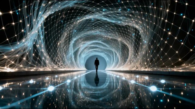 Futuristic tunnel light wave digital network silhouette reflection abstract neon technology corridor sci fi concept glowing pathway future data stream